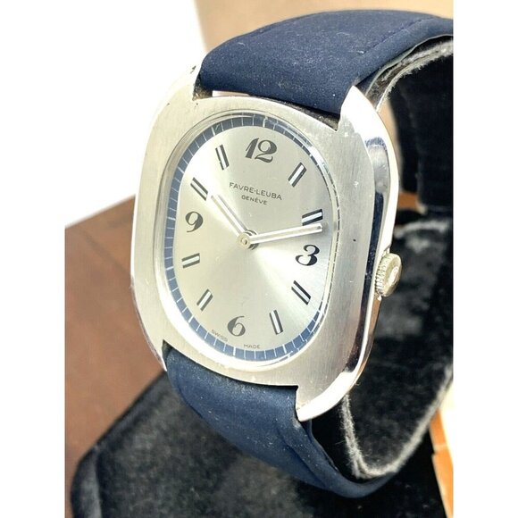 Favre Leuba Unisex Watch Vintage Swiss Mechanical Silver Dial Blue Leather Band - Picture 1 of 13